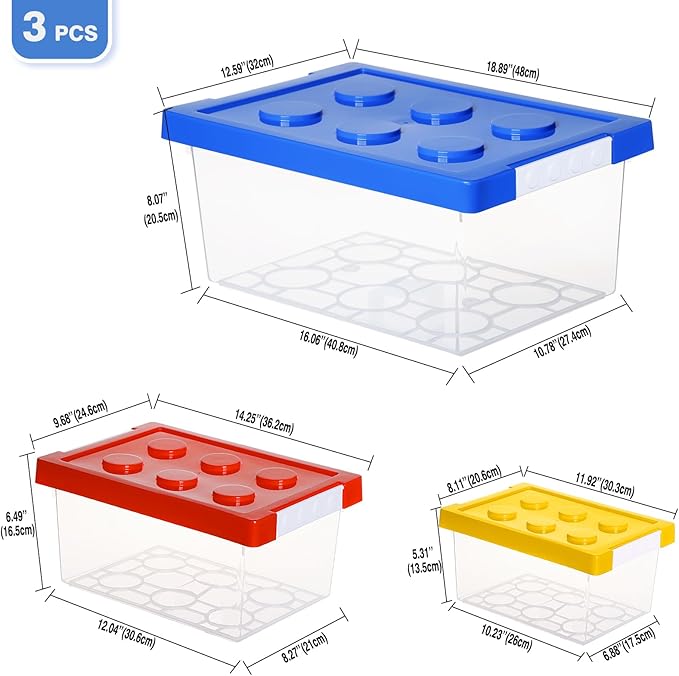 loobuu Plastic Storage Bins with Lids - Stackable Toy Storage Organizer Box Set of 3, Kids Toy Chests Container with Compatible Building Baseplate and Lid for Building Bricks - Yellow+Red+Blue