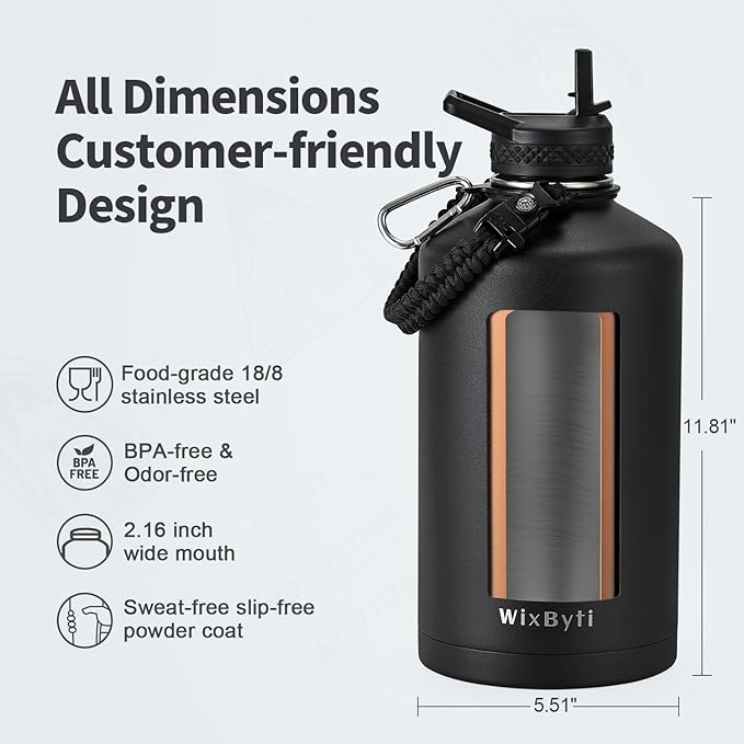 One Gallon Water Bottle Insulated, Triple Wall Vacuum Cold for 48 Hrs & Leak-proof & Non-BPA, 128oz Large Sports Stainless Steel Water Jug with Paracord Handle Straw Spout Lids & DIY Stickers