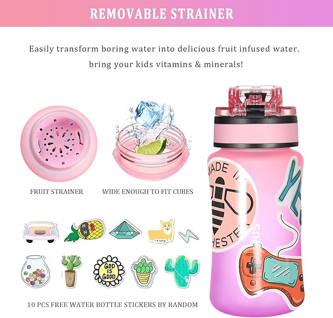GOPPUS Kids Water Bottle with Straw Spout Lid 10pcs Stickers 12 oz Leak-proof BPA Free Motivational Time Marker Tritan Plastic Water Bottles for Girls Boys School Sports