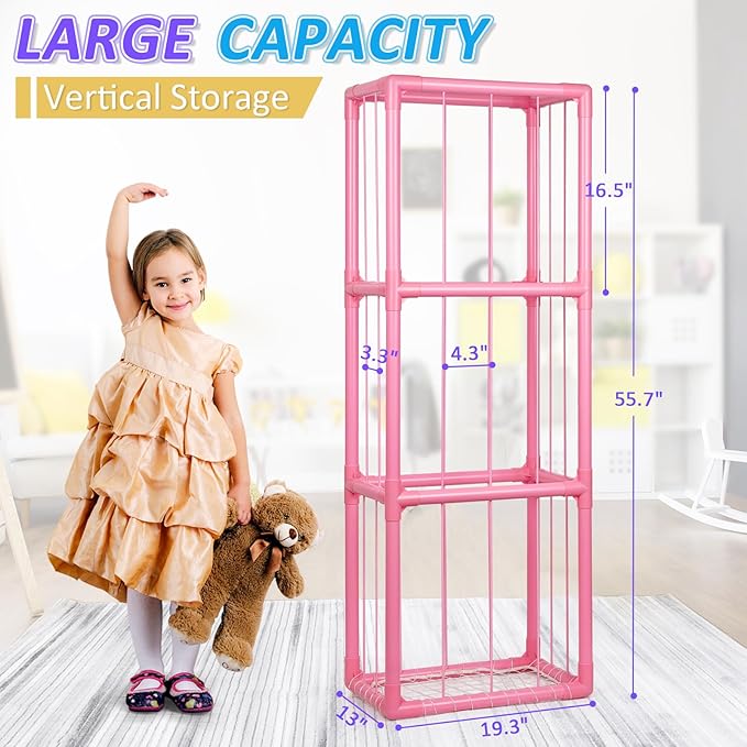 Trycooling Stuffed Animal Storage Zoo Stuffed Animal Holder Space Save Vertical Stuffed Animals Storage PVC with Elastic Band and Net for Playroom Birthday Gift for Bedroom Nursery - Pink