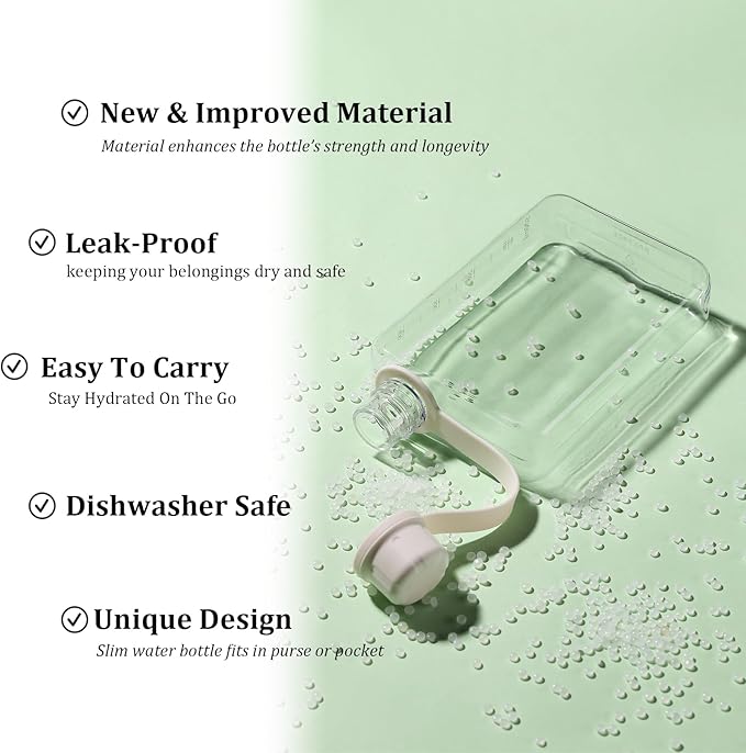 Tritan Transparent Flat Water Bottle samll Water Bottle Slim Square Pocket Bottle Water Flask, BPA Free/Slim Design/Leak Proof Water Bottle for Travel, Outdoor, Sports, Camping (White, 320ML)