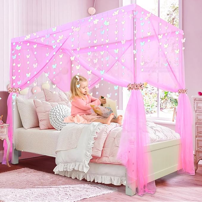 South to East Princess Canopy Bed Curtains for Girls Kids Bed Canopy for Girls 4 Post Bed Curtains Princess Bed Canopy for Girls Room Decor Twin Size Pink, 79" * 39" * 75"