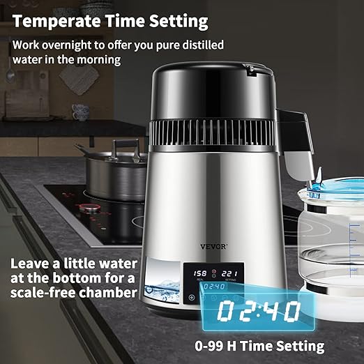 VEVOR 1.1Gal Water Distiller, 0.4Gal/H, Distilled Water Maker Machine 1750W 0-99H Timing Dual Temp Display, 304 Stainless Steel Countertop Distiller Glass Carafe Cleaning Powder 3 Carbon Packs, Silver