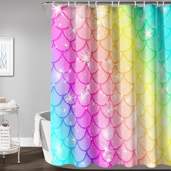 AILONEN Mermaid Scale Shower Curtain,Rainbow Mermaid Scale Bath Curtain Gifts for Girls,Polyester Waterproof for Bathroom with 12 Plastic Hooks 48" W*72" H