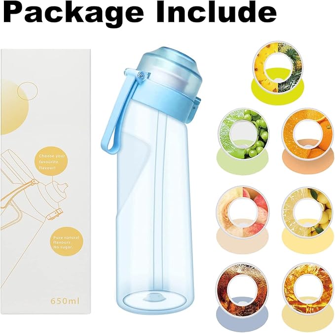 Water Bottle with Flavor Pods 21.9 Oz/650ml Fruit Fragrance Water Bottle Recyclable Sports Air Water Cup Scented Pods for Outdoor (Blue 650ML)