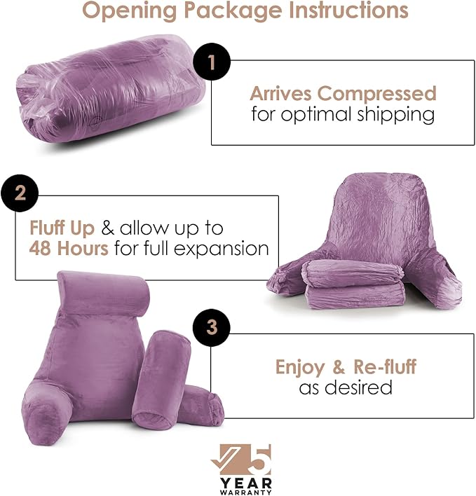 Nestl Reading Pillow Large Bed Pillow, Back Pillow for Sitting in Bed Shredded Memory Foam Chair Pillow Reading & Bed Rest Pillows Lavender Dream Back Pillow for Bed, Bed Chair Arm Pillow with Pockets