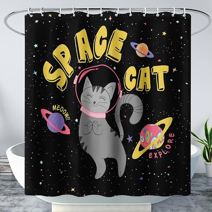 AILONEN Kawaii Cat Shower Curtains,Galaxy Aerospace Cat Bath Curtain for Bathroom,Outer Space Polyester Waterproof with 12 Plastic Hooks 72" W*78" H
