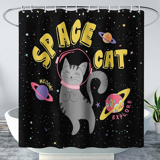 AILONEN Kawaii Cat Shower Curtains,Galaxy Aerospace Cat Bath Curtain for Bathroom,Outer Space Polyester Waterproof with 12 Plastic Hooks 48" W*72" H