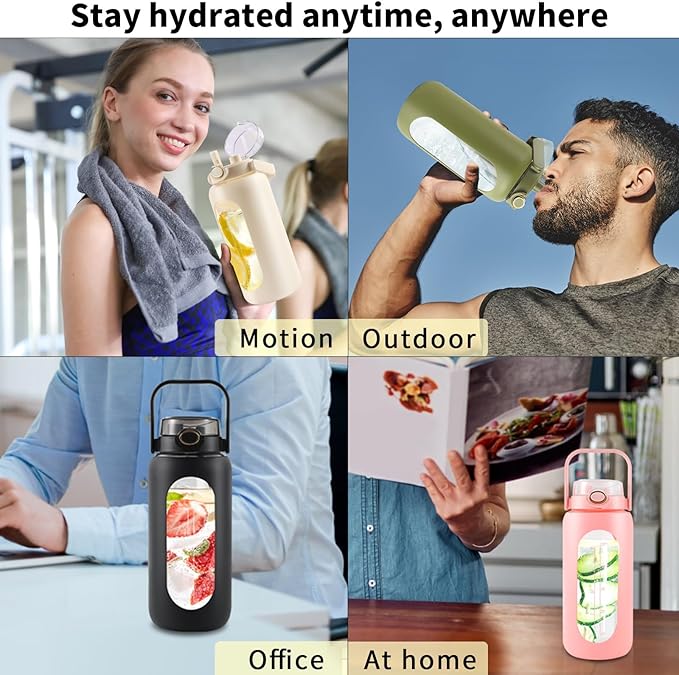 64oz Glass Water Bottle with Straw and Handle - Half Gallon Motivational Water Jug with Time Marker and Silicone Sleeve, Leak proof Wide Mouth Water Flask for Gym, Sports, and Daily Use (White)