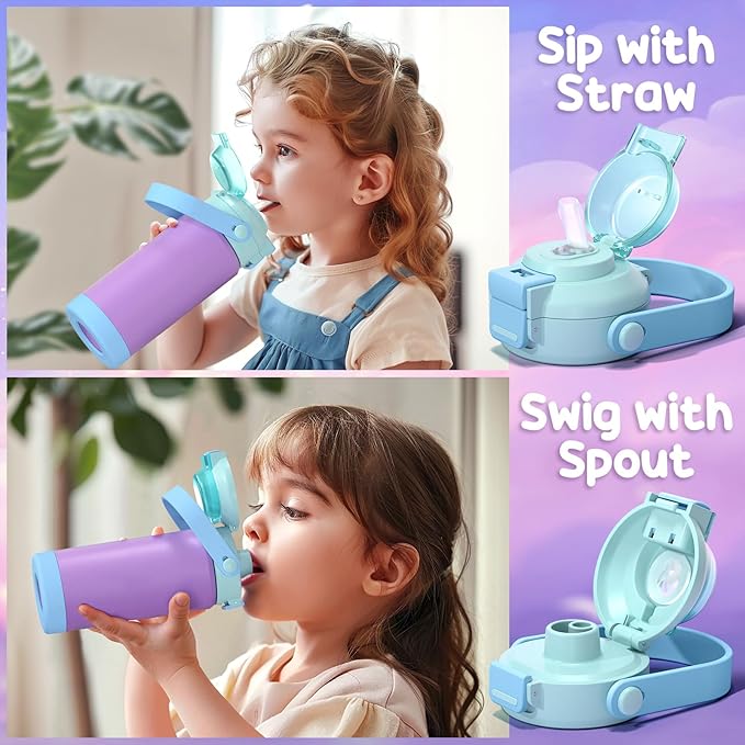 Fimibuke Kids Insulated Water Bottle with Pop-Open Straw & Spout 2-in-1 Lid, 18oz Leak Proof 18/8 Stainless Steel Vacuum Tumbler, BPA-Free Kids Cup For Travel School Boys Girls Toddler 1Pack,Purple