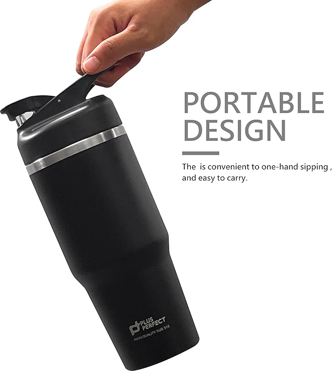 27 OZ 316 Stainless Steel Vacuum Insulated Travel Mug With Leak Proof Flip For Both Straw & Spout, Double Walled Seamless to Keep Hot And Cold, Black