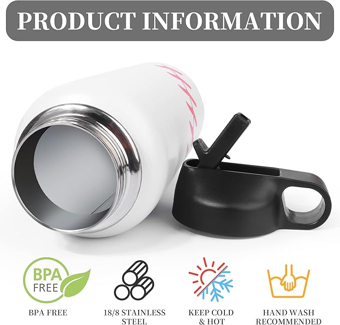 40oz Wide Mouth Baseball Water Bottle with Two Lids(Straw, Handle Lid), 18/8 Stainless Steel Vacuum Insulated for Travel & Sport Cup. (Baseball White, 40oz)