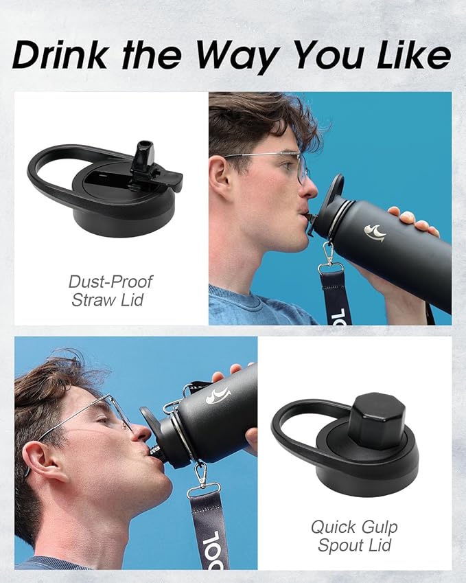 Coolflask 32 oz Water Bottle with Strap, Insulated Metal Water Flask with Straw & Spout Lids, Stainless Steel Double Wall Vacuum, Keep Cold 48h Hot 24h, Leak Proof & Non-BPA, Magic Black