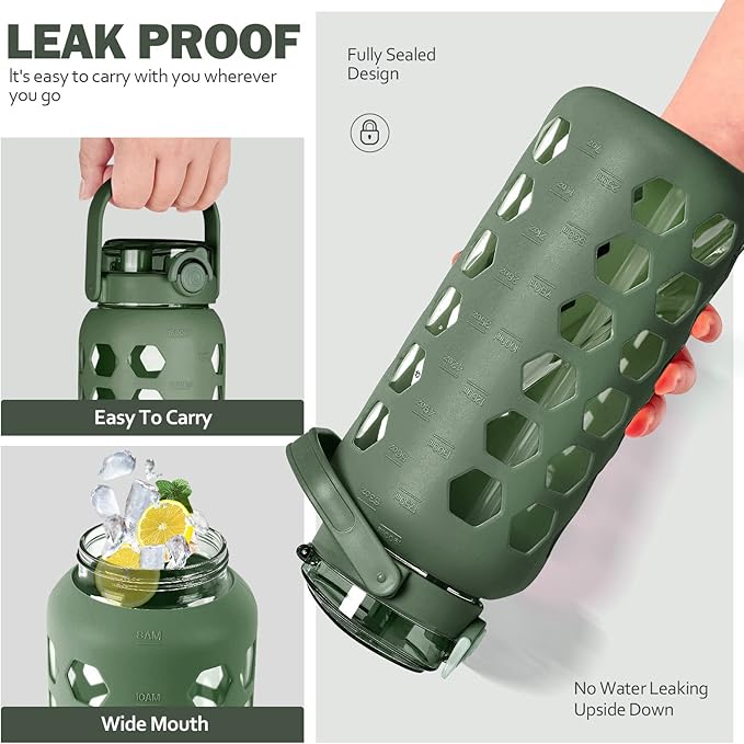 MUKOKO Half Gallon/64 oz Glass Water Bottles with Straw and Lid,Motivational Water Jug with Time Marker Reminder and Silicone Sleeve,100% Leakproof BPA Free Fitness Sports Large Bottle-Olive