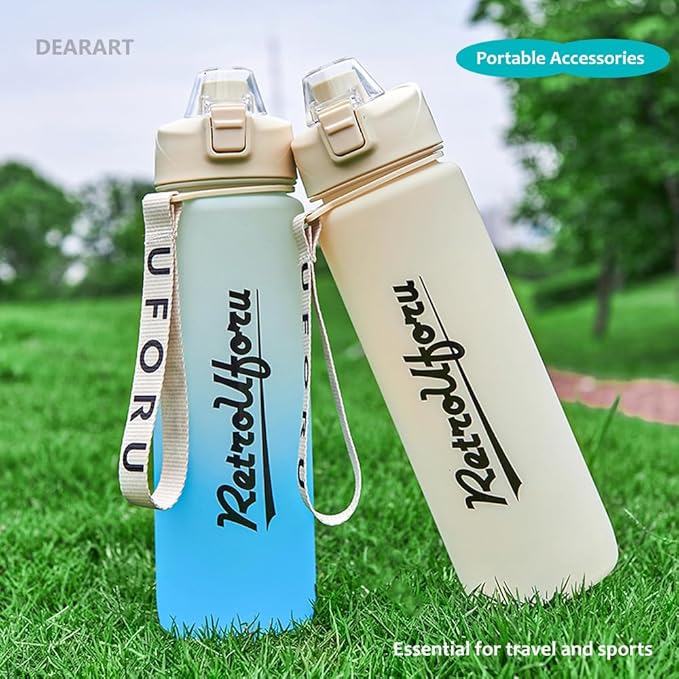 DEARART 32oz Water Bottle With Motivational and Time Marker, BPA FREE Quick Drink No Straw, Easy Clean Suit Sports Office Gym School, Cream&White