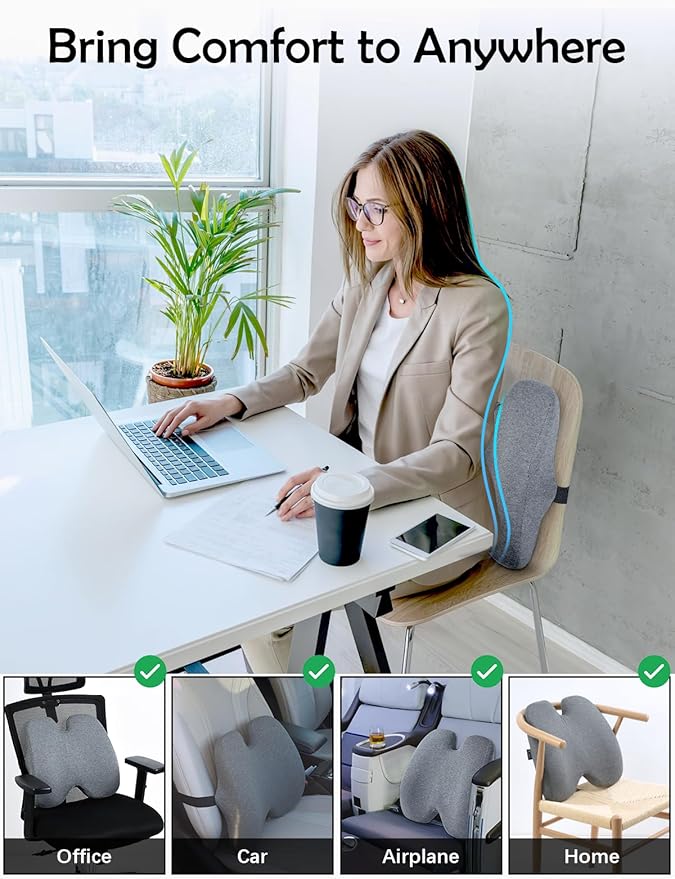 Lumbar Support Pillow for Office Chair Back Support Pillows for Car, Computer, Gaming Chair, Recliner Memory Foam Back Cushion for Pain Relief Improve Posture with Adjustable Strap