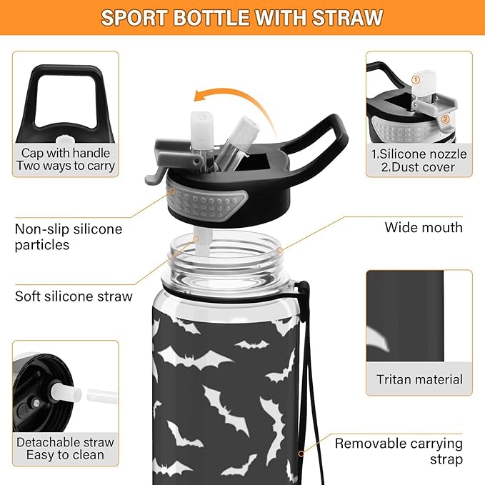 Bat Water Bottle with Straw Halloween Sports Bottles BPA-Free Tritan Water Jug with Carrying Strap for Women Men Gym