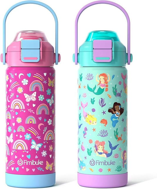 Fimibuke Kids Insulated Water Bottle with Pop-Open Straw & Spout 2-in-1 Lid, 18oz Leak Proof 18/8 Stainless Steel Vacuum Tumbler, BPA-Free Kids Cup For Travel School Girls Boys Toddler 2Packs