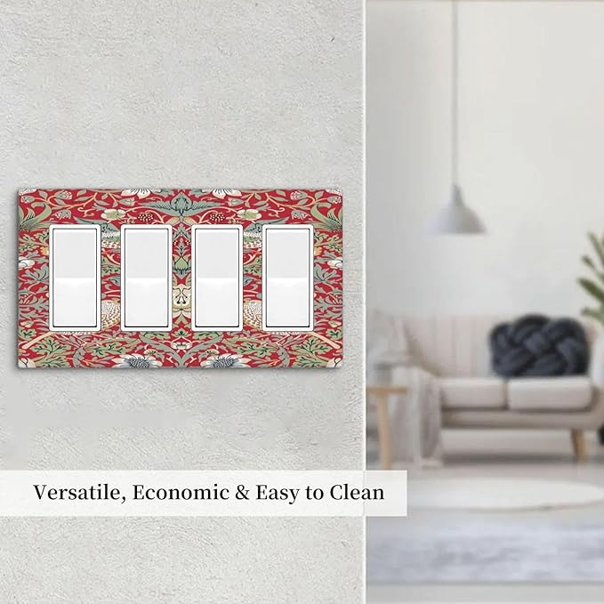 William Morris Strawberry Thief Botanical Red Green 4 Gang Rocker Decora Light Switch Cover Outlet Covers Wall Plate Decorative Switchplate Electrical Faceplate GFCI for Country Bedroom Decor