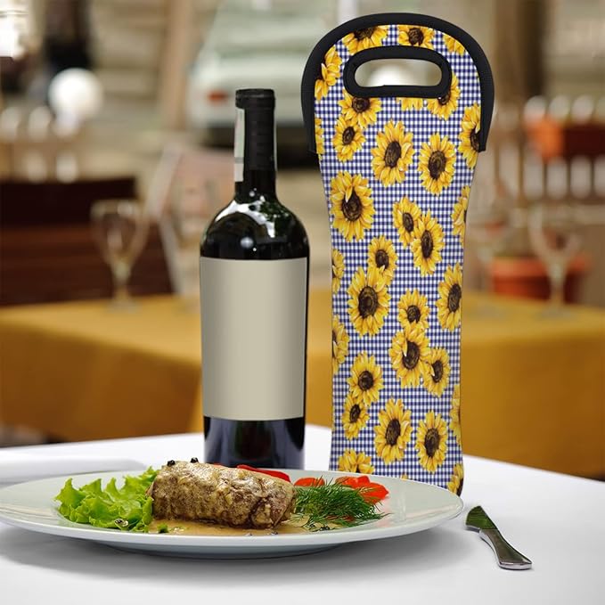 Sunflower Checked Single Bottle Wine Gift Tote Carrier Neoprene Wine Tote Bags Holder Cooler Wine Lover Gift