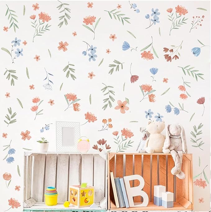 Boho Floral Wall Decals Small Flower Leaf Wall Stickers Watercolor Wildflower Botanical Plant Leaves Wall Stickers Removable Boho Flower Wall Decals for Nursery Kids Room Girls Bedroom Decor