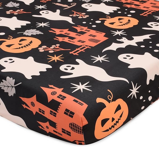 JISEN Halloween Crib Sheet Ghosts Fitted Crib Sheet for Boys Girls Crib Mattress Cover Baby Sheet for Standard Crib and Toddler Mattress Soft Breathable Baby Bed Sheet for Neutral 52x28 Inch Castles