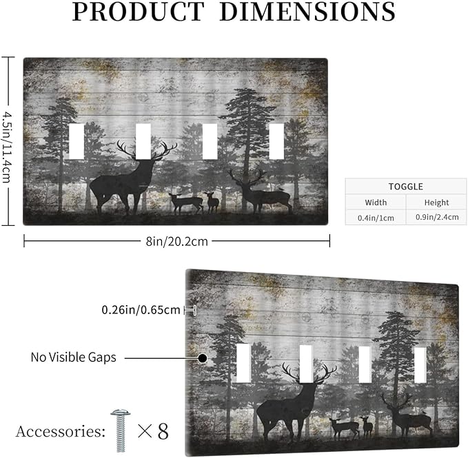 Rustic Deer Forest Vintage Wood Board Quad Toggle Boho Light Switch Covers Decorative Country Unique 4 Gang Wall Plate Electrical Faceplate Switchplate for Farmhouse Bedroom Decor