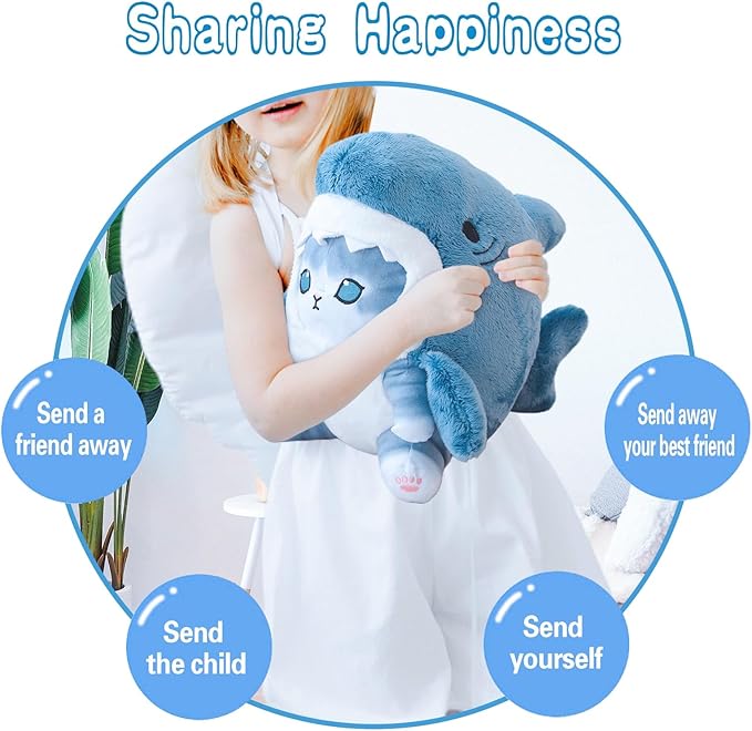 Kawaii Shark Cat Plush Toy Stuffed Animal Doll, Cute Soft Pillow Stress Release Hugs Toys Christmas Halloween Birthday Gifts for Kids Boys Girl Best Gift (Blue - Grey,9 inch)