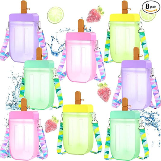 Patelai 8 Pcs Cute Water Bottles with Straw Kawaii Watermelon Ice Cream Cups Leak Proof Drinking Bottles with Adjustable Shoulder Strap for Sports Travel Camping(Cute Style)