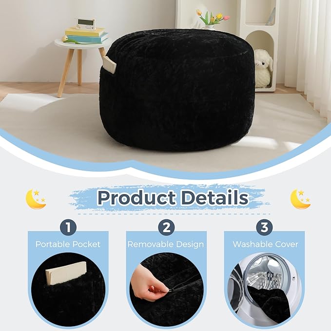 MAXYOYO Bean Bag Chair Bed for Kids, Convertible Bean Bag Folds from Lazy Chair to Floor Mattress Bed, Stuffed Floor Sofa Couch Sofa Bed for Boys and Girls, High-Density Foam Filling, Black