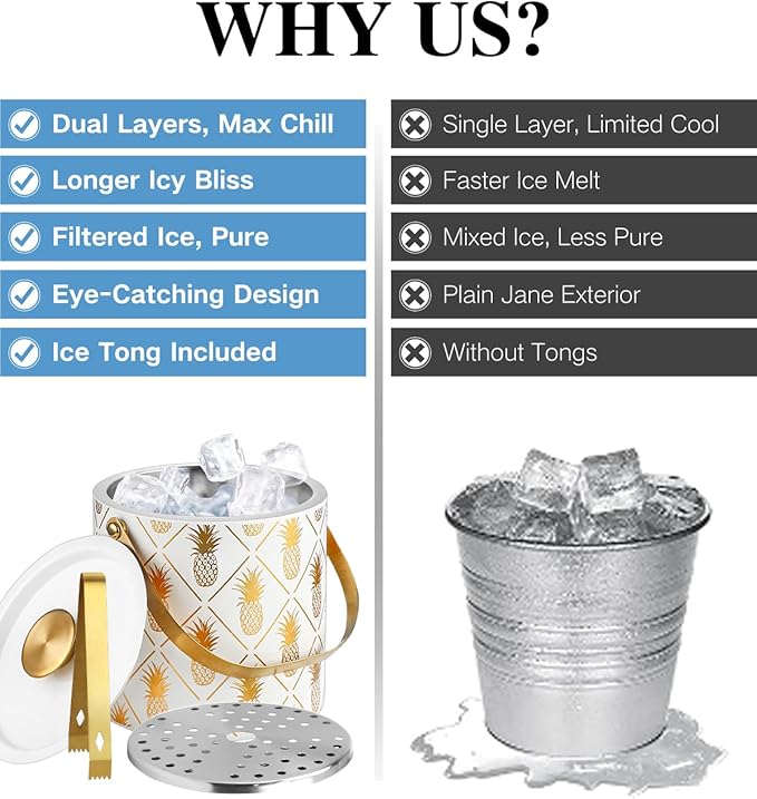 Ice Bucket for Parties with Lid, Strainer & Gold Ice Tongs, 3L Stainless Steel Insulated Champagne Buckets for Cocktail Tiki Bar, Pineapple Embossed White Ice Container Wine Drinks Chiller