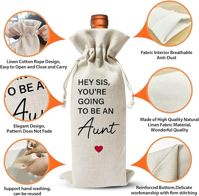 Pregnancy Announcement Wine Gift Bags For Sister, Burlap Wine Bottle Cover Bag For Pregnancy Announcement New Baby Sister Aunt Party Supplies, Cotton Linen Wine Gift Bag With Drawstring