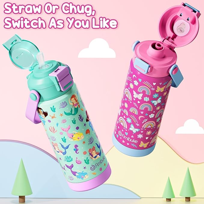 Fimibuke Kids Insulated Water Bottle with Pop-Open Straw & Spout 2-in-1 Lid, 18oz Leak Proof 18/8 Stainless Steel Vacuum Tumbler, BPA-Free Kids Cup For Travel School Boys Girls Toddler 2Packs, Macaron