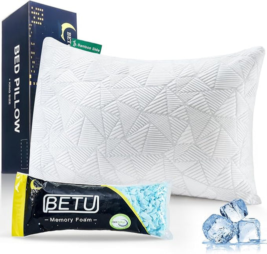 BETU Cooling Standard Pillow, Shredded Memory Foam Cool Pillow for Hot Sleepers, Adjustable Firm Soft Support Bed Pillows Perfect for Back Neck Pain and Side Sleeping with Pillow Case Cover, White