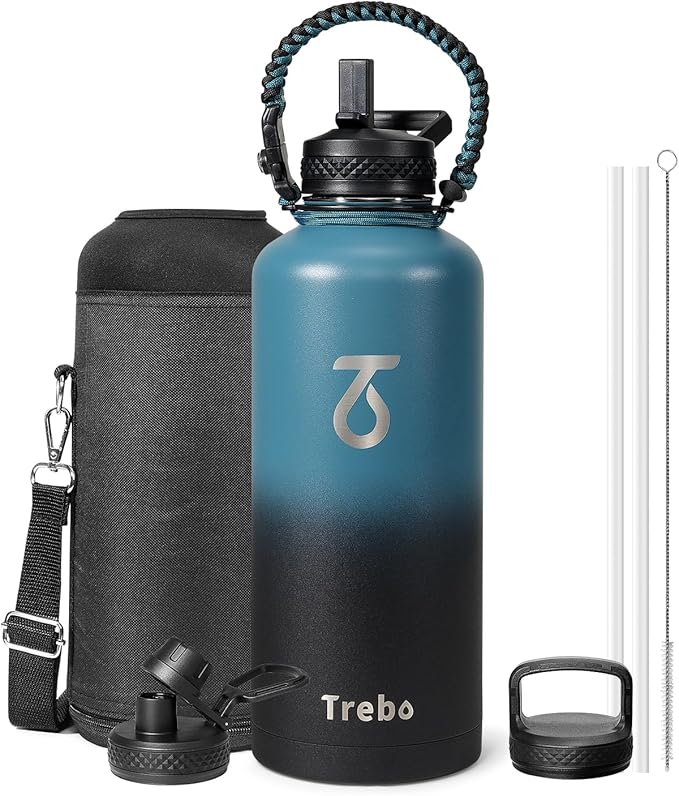 Trebo Water Bottle 87oz with Paracord Handle, Food-grade Double Wall Vacuum Stainless Steel Insulated Jug with Straw Spout Handle Lids, Leakproof Keep Cold & Hot,Indigo/Black