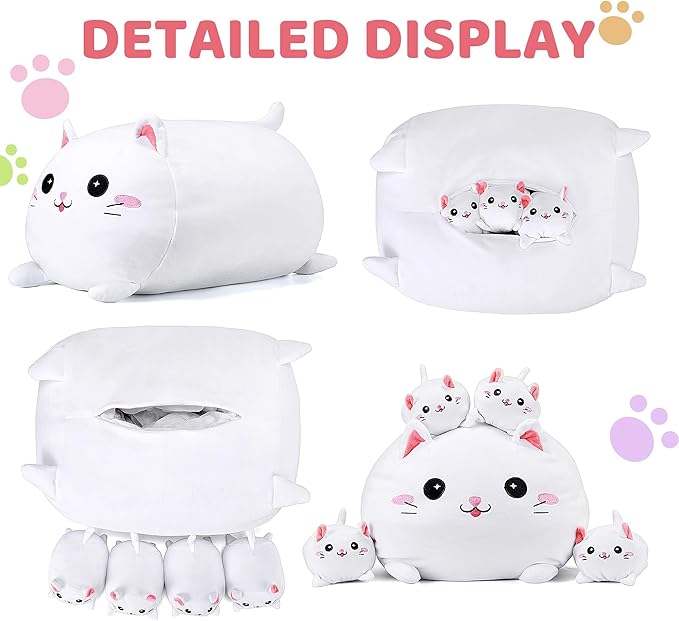Cat Plush Cute Cat Stuffed Animal with 4 Baby Soft Pillow Birthday Gift for Girls Boys Kids Decor