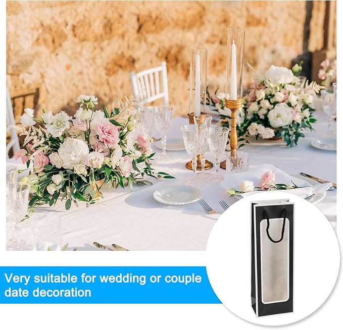 uxcell Wine Bags, 12pcs 4.92"x3.35"x14.2" Wine Gift Bags with Rope Handles, Paper Wine Tote Bag with Clear Window for Wedding Birthday Christmas Party Supplies, Black White