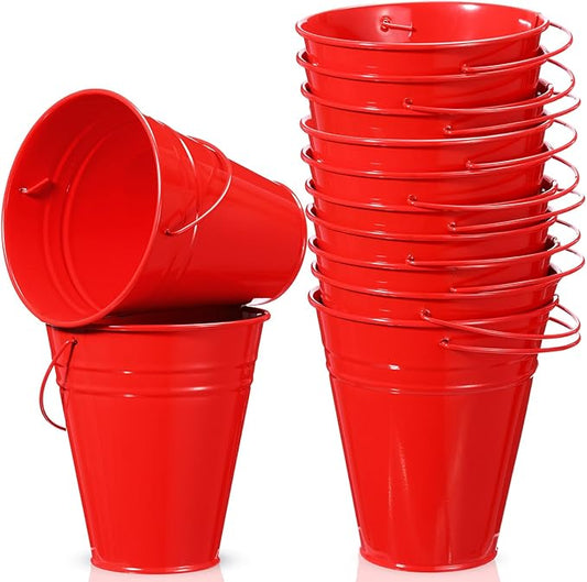 Sadnyy 12 Pack Metal Buckets with Handle, Galvanized Bucket 4.5 x 5 Inch Basket Bucket for Kids, Kids Party Supplies, Crafts for Christmas Halloween Christmas Candy Bars Vase Crafts(Red)