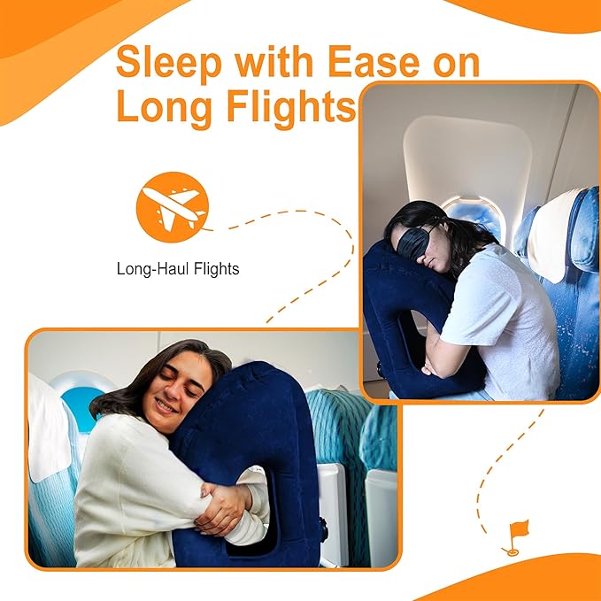 Inflatable Travel Pillow - Airplane Pillow for Neck Support on Long Flights, Buses, Cars, Office & Trains - Comes with Eye Mask, Earplugs & Portable Drawstring Bag -Blue