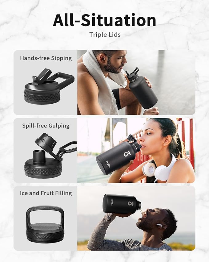 Trebo Half Gallon Water Bottle with Paracord Handle 64oz Wide Mouth Insulated Double Wall Stainless Steel Large Sports Flask Keep Hot 24 Hours & Cold 48 Hours Water Jug with 3 Lids, Black