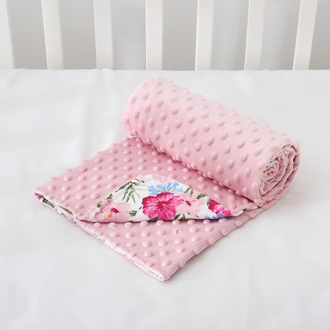 DaysU Silky Micro Soft Plush Baby Blankets for Girls with Print Pattern and Soothing Raised Dots, Double Layer Bed Throws for Baby Crib, Flower, Pink, 30x40 Inches