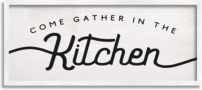 Stupell Industries Come Gather in The Kitchen Sign Family Charm, Designed by Daphne Polselli White Framed Wall Art, 13 x 30