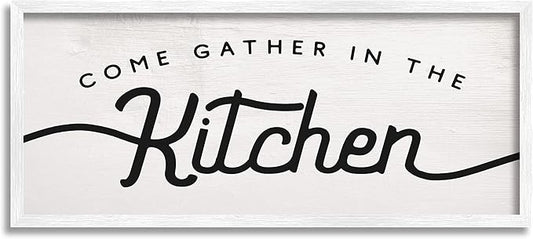 Stupell Industries Come Gather in The Kitchen Sign Family Charm, Designed by Daphne Polselli White Framed Wall Art, 13 x 30