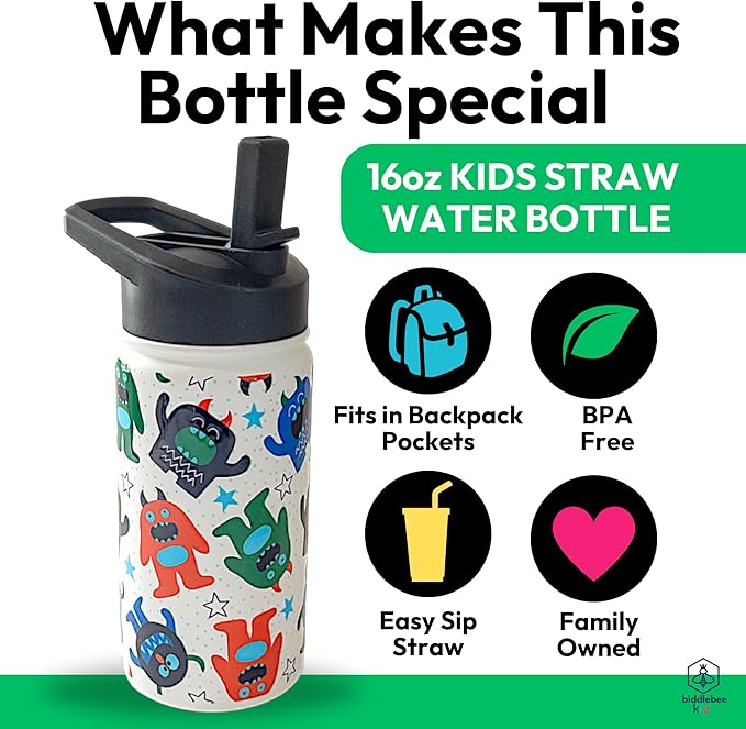 Biddlebee Kids Water Bottle with Straw Lid | 14oz Insulated Stainless Steel Reusable Bottles for School | Leak Proof Cap with Handle & Touch Free Spout | Great for Boys & Girls