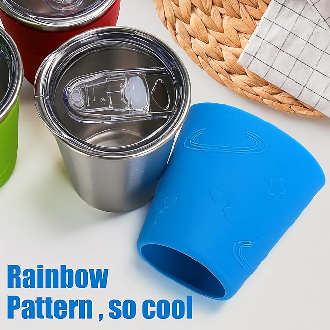 Kids Cups with Rainbow Silicone Sleeves, 12oz Stainless Steel Cups with Lids and Straws, 304 Stainless Steel Travel Tumbler, Spill Proof Toddler Cups for Cold Drinks & Hot Drinks, 6 Pack