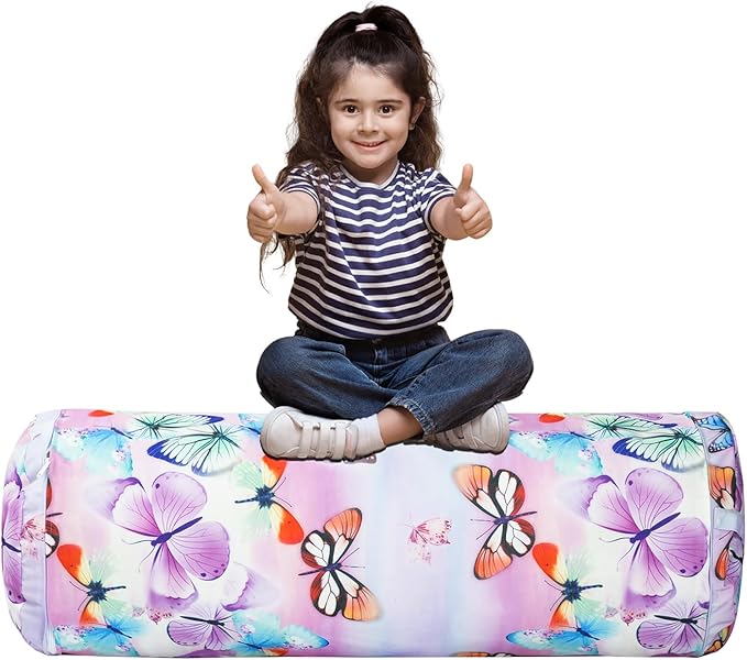 Stuffed Animal Bean Bag Storage Chair for Kids Cover Only (No Filler), Organize, Sit, Play & Boxing, 100% Cotton Canvas Washable, Ultra Soft Cylinder Long Vertical Zipper Best Gift for Child