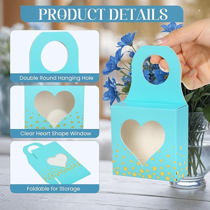 Megitzuu 50 Pieces Wine Bottle Box with Window, Blue Wine Boxes for Gifts Hanging Foldable Wine Gift Boxes Kraft Paper Wine Bottle Hanger Favor Box for Holding Candy Truffles Chocolate Cookies