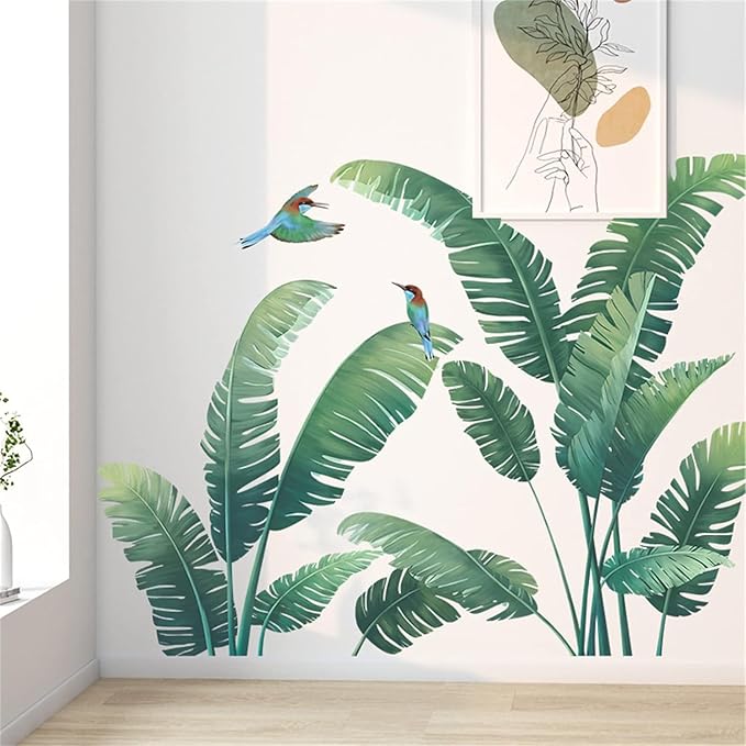 Green Plant Wall Stickers, Tropical Rainforest Monstera Leaf Decal Natural Palm Leaves Nordic Green Leaf Plants Banana Leaf Bird Wall Mural Bedroom Living Room Office Decoration Wallpaper… (plant1)