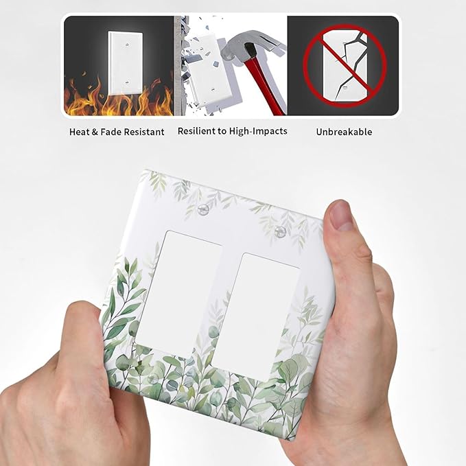 Green Eucalyptus Rustic Botanical Plant Leaves 2 Gang Rocker Decora Boho Light Switch Covers Decorative Dual Outlet Covers Wall Plate Electrical Faceplate Switchplate GFCI for Country Bedroom