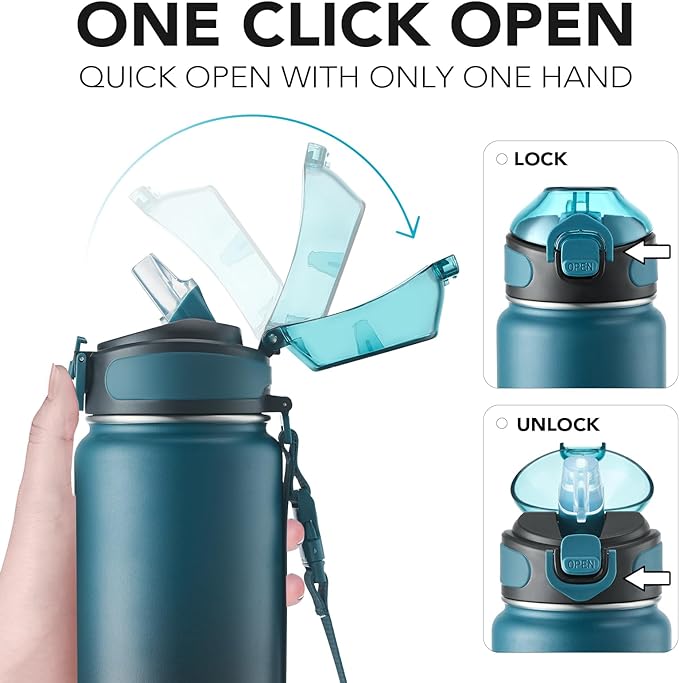 Enerbone Insulated Water Bottle, 32 oz Stainless Steel Water Bottles with Carrying Strap, Double-Wall Vacuum Insulation Thermos, Leakproof Sports Bottle with Straw, Keep Drinks Hot or Cold for Hours